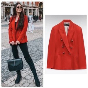 Zara Double Breasted Red Textured Blazer
